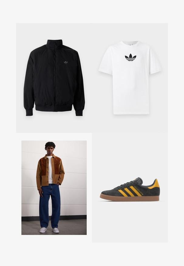 Black zipped jacket with high collar, made of lightweight material. Features elastic cuffs and waistband, with a small logo on the upper left.; White cotton T-shirt featuring a black Adidas logo at the center. Short sleeves and a crew neck design. Smooth texture.; Man standing indoors wearing a brown corduroy jacket with rust patches, white t-shirt, loose blue jeans, and white sneakers.; Black suede sneaker with yellow accents, featuring three stripes and a brown rubber sole. Includes a padded tongue for comfort.