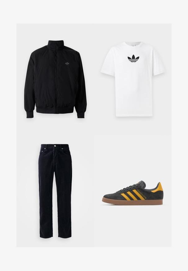 Veste noire à fermeture éclair avec col haut, fabriquée en matériau léger. Dotée de poignets et d'une taille élastiques, avec un petit logo en haut à gauche.; T-shirt en coton blanc présentant un logo noir d'Adidas au centre. Manches courtes et décolleté rond. Texture lisse.; Pantalons en velours côtelé bleu marine avec coupe droite, cinq poches et fermeture à bouton. Présente une texture à côtes verticales et des détails en métal.; Baskets en suede noir avec des accents jaunes, présentant trois rayures et une semelle en caoutchouc marron. Comprend une languette rembourrée pour le confort.
