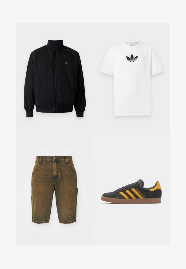Black zipped jacket with high collar, made of lightweight material. Features elastic cuffs and waistband, with a small logo on the upper left.; White cotton T-shirt featuring a black Adidas logo at the center. Short sleeves and a crew neck design. Smooth texture.; Denim shorts in a faded brown color with a slightly distressed texture. Features belt loops, front pockets, and a side cargo pocket.; Black suede sneaker with yellow accents, featuring three stripes and a brown rubber sole. Includes a padded tongue for comfort.