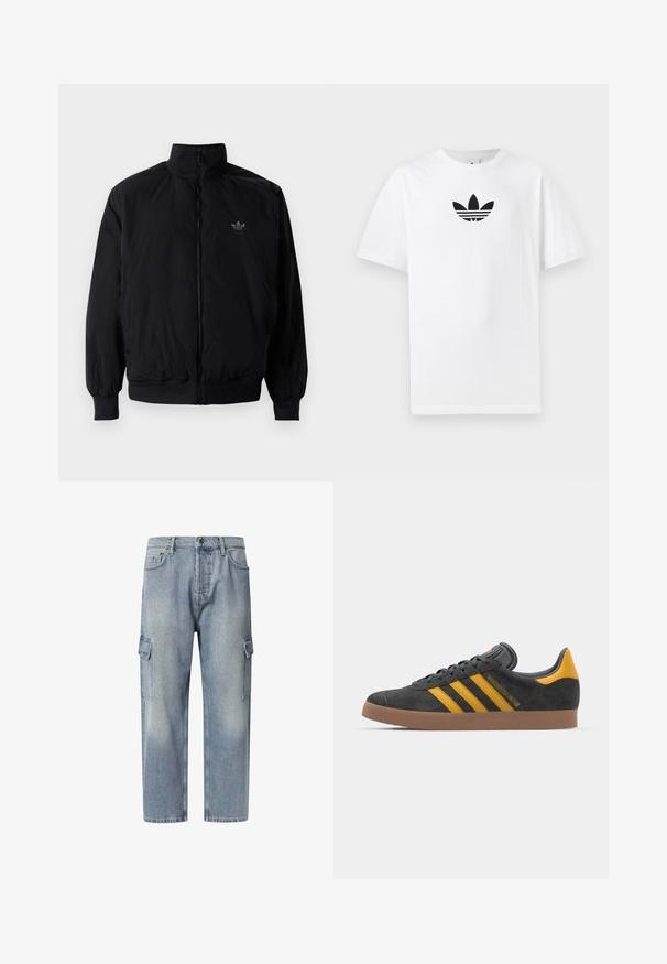 Crna jakna na zip s visokim ovratnikom, izrađena od laganog materijala. Ima elastične manžete i pojas, s malim logotipom na gornjem lijevom dijelu.; Bijela pamučna majica s crnim Adidas logom u centru. Kratki rukavi i dizajn s okruglim izrezom. Glatka tekstura.; Svijetloplave traper cargo hlače imaju opušteni kroj, dužinu do koljena, dva bočna džepa i kopčanje na gumb. Imajú izblijedjelu teksturu kroz cijelu površinu.; Crne nubuk tenisice s žutim detaljima, sa tri pruge i smešnim gumenim potplatom. Imaju jastučić na jeziku za udobnost.