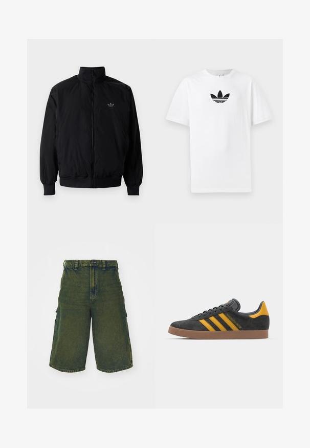 Zwarte geluiting jack met hoge kraag, gemaakt van lichtgewicht materiaal. Voorzien van elastische manchetten en tailleband, met een klein logo op de linkerbovenkant.; Witte katoenen T-shirt met een zwart Adidas-logo in het midden. Korte mouwen en een ronde hals. Gladde textuur.; Groene denim cargoshorts met een relaxte pasvorm, voorzien van zijzakken en een knoopsluiting. Vervaardigd met een versleten textuur en een rechte snit.; Zwarte suède sneakers met gele accenten, voorzien van drie strepen en een bruine rubberen zool. Inclusief een gevoerde tong voor comfort.