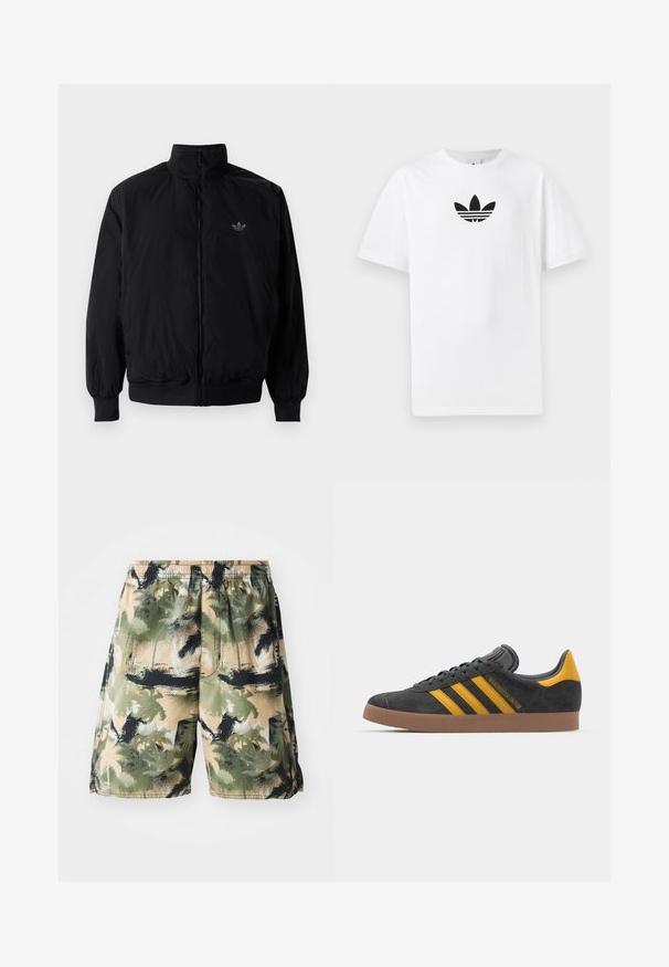 Schwarze Jacke mit Reißverschluss und hohem Kragen, aus leichtem Material gefertigt. Verfügt über elastische Bündchen und einen elastischen Saum, mit einem kleinen Logo oben links.; Weißes Baumwoll-T-Shirt mit einem schwarzen Adidas-Logo in der Mitte. Kurze Ärmel und Rundhalsausschnitt. Glatte Textur.; Herren Badehosen aus leichtem, atmungsaktivem Material mit einem tropischen Palmenmuster in Grün, Schwarz und Beige. Mit elastischem Bund.; Schwarze Wildledersneaker mit gelben Akzenten, ausgestattet mit drei Streifen und einer braunen Gummisohle. Enthält eine gepolsterte Zunge für zusätzlichen Komfort.