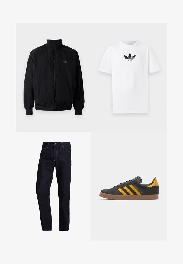 Black zipped jacket with high collar, made of lightweight material. Features elastic cuffs and waistband, with a small logo on the upper left.; White cotton T-shirt featuring a black Adidas logo at the center. Short sleeves and a crew neck design. Smooth texture.; Dark blue denim jeans with a straight cut, featuring yellow stitching, five pockets, and a classic button and zipper closure.; Black suede sneaker with yellow accents, featuring three stripes and a brown rubber sole. Includes a padded tongue for comfort.