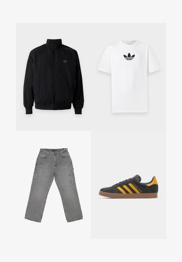 Black zipped jacket with high collar, made of lightweight material. Features elastic cuffs and waistband, with a small logo on the upper left.; White cotton T-shirt featuring a black Adidas logo at the center. Short sleeves and a crew neck design. Smooth texture.; Gray denim trousers with a relaxed fit, featuring a front button closure, multiple pockets, and a slight faded texture.; Black suede sneaker with yellow accents, featuring three stripes and a brown rubber sole. Includes a padded tongue for comfort.