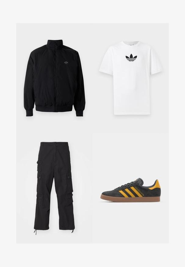 Black zipped jacket with high collar, made of lightweight material. Features elastic cuffs and waistband, with a small logo on the upper left.; White cotton T-shirt featuring a black Adidas logo at the center. Short sleeves and a crew neck design. Smooth texture.; Carhartt WIP TRACKER PANT - Cargo trousers - black; Black suede sneaker with yellow accents, featuring three stripes and a brown rubber sole. Includes a padded tongue for comfort.