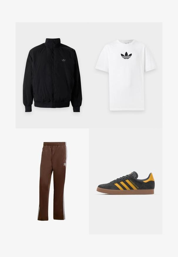 Crna jakna na zip s visokim ovratnikom, izrađena od laganog materijala. Ima elastične manžete i pojas, s malim logotipom na gornjem lijevom dijelu.; Bijela pamučna majica s crnim Adidas logom u centru. Kratki rukavi i dizajn s okruglim izrezom. Glatka tekstura.; Smeđi još uvijek sportski hlače od glatkog materijala, s bijelim bočnim trakama i elastičnim pojasom. Uključuje džepove s obje strane.; Crne nubuk tenisice s žutim detaljima, sa tri pruge i smešnim gumenim potplatom. Imaju jastučić na jeziku za udobnost.