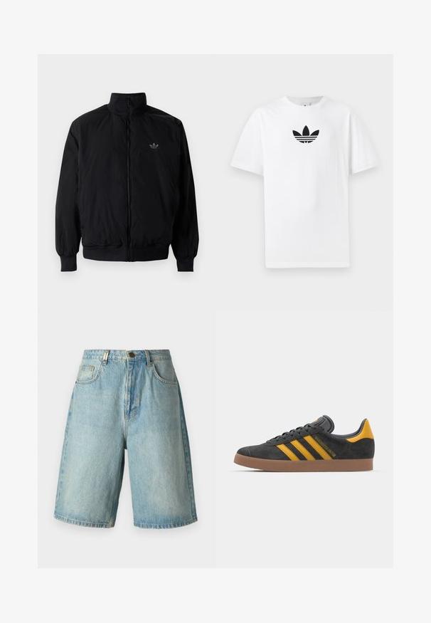 Schwarze Jacke mit Reißverschluss und hohem Kragen, aus leichtem Material gefertigt. Verfügt über elastische Bündchen und einen elastischen Saum, mit einem kleinen Logo oben links.; Weißes Baumwoll-T-Shirt mit einem schwarzen Adidas-Logo in der Mitte. Kurze Ärmel und Rundhalsausschnitt. Glatte Textur.; Hellblaue Denim-Shorts in lässiger Passform, mit Fronttaschen, Knopfverschluss und ausgewaschenem Look mit subtilen Ausbleichungsdetails.; Schwarze Wildledersneaker mit gelben Akzenten, ausgestattet mit drei Streifen und einer braunen Gummisohle. Enthält eine gepolsterte Zunge für zusätzlichen Komfort.