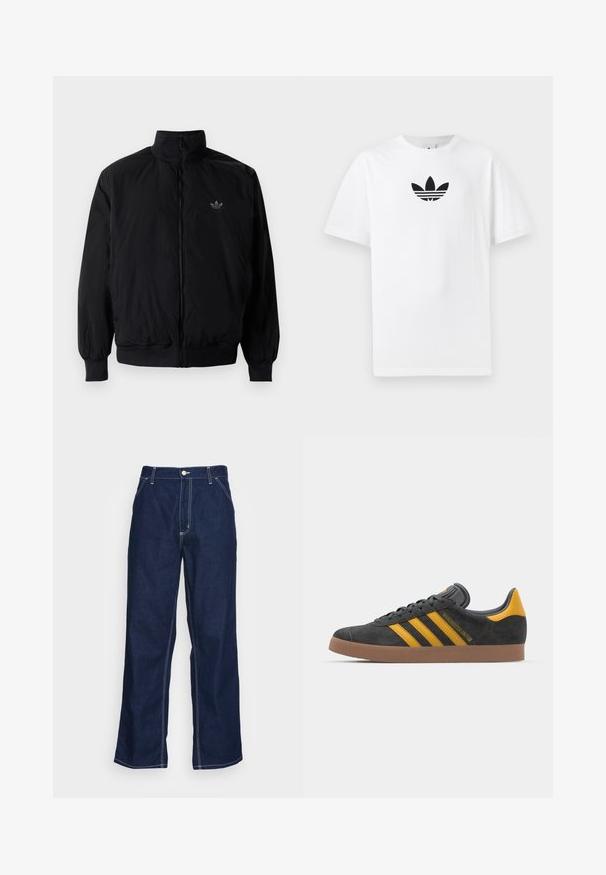 Black zipped jacket with high collar, made of lightweight material. Features elastic cuffs and waistband, with a small logo on the upper left.; White cotton T-shirt featuring a black Adidas logo at the center. Short sleeves and a crew neck design. Smooth texture.; Dark blue denim trousers with wide legs, featuring a high waist, front pockets, and contrasting white stitching along seams.; Black suede sneaker with yellow accents, featuring three stripes and a brown rubber sole. Includes a padded tongue for comfort.