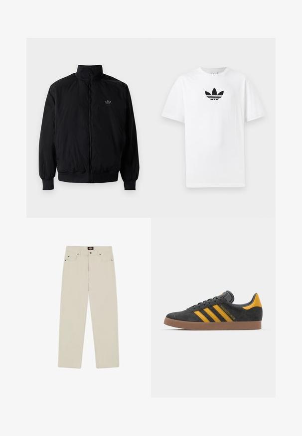 Black zipped jacket with high collar, made of lightweight material. Features elastic cuffs and waistband, with a small logo on the upper left.; White cotton T-shirt featuring a black Adidas logo at the center. Short sleeves and a crew neck design. Smooth texture.; Beige cotton trousers with a straight-leg design, featuring two front pockets and two back pockets. Metal stud accents on pockets.; Black suede sneaker with yellow accents, featuring three stripes and a brown rubber sole. Includes a padded tongue for comfort.