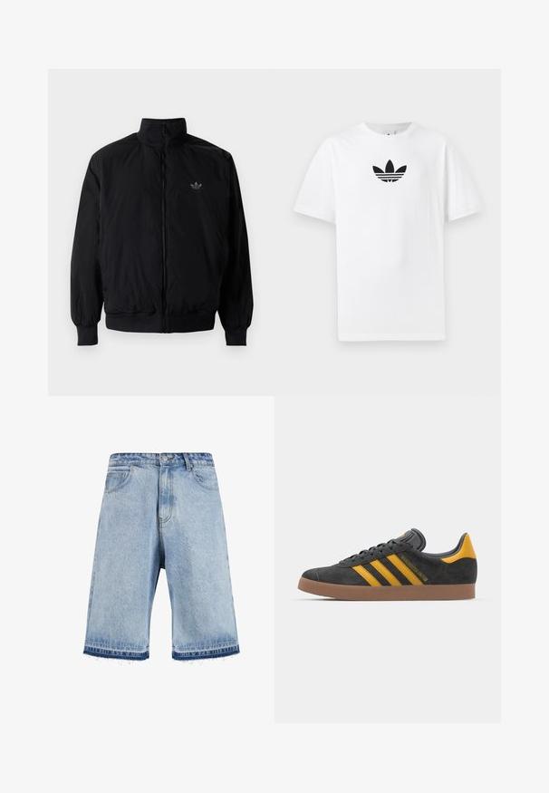 Crna jakna na zip s visokim ovratnikom, izrađena od laganog materijala. Ima elastične manžete i pojas, s malim logotipom na gornjem lijevom dijelu.; Bijela pamučna majica s crnim Adidas logom u centru. Kratki rukavi i dizajn s okruglim izrezom. Glatka tekstura.; Svijetloplave traper kratke hlače s izfrčanom rubom, imaju klasičan dizajn s pet džepova i prednje kopčanje na dugme. Blago izblijedjeli pranje.; Crne nubuk tenisice s žutim detaljima, sa tri pruge i smešnim gumenim potplatom. Imaju jastučić na jeziku za udobnost.