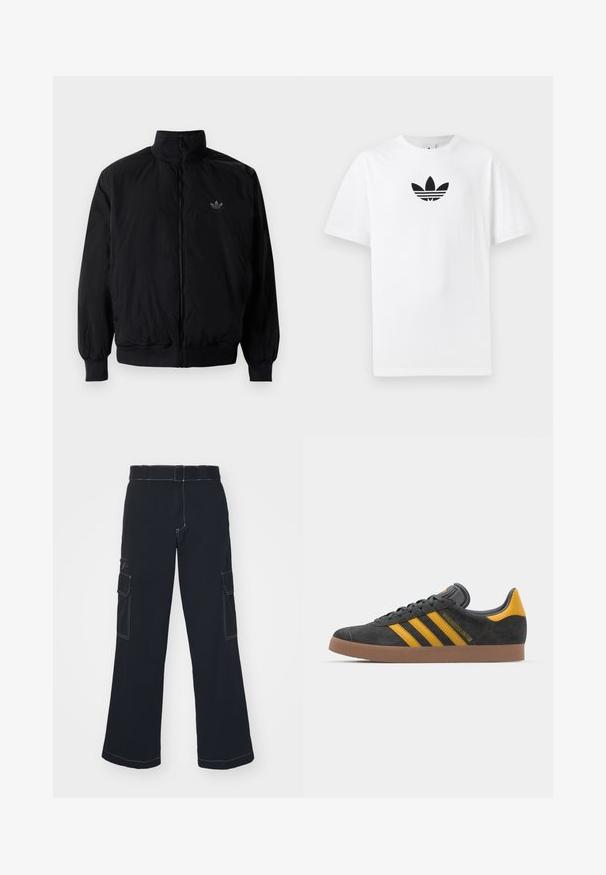 Crna jakna na zip s visokim ovratnikom, izrađena od laganog materijala. Ima elastične manžete i pojas, s malim logotipom na gornjem lijevom dijelu.; Bijela pamučna majica s crnim Adidas logom u centru. Kratki rukavi i dizajn s okruglim izrezom. Glatka tekstura.; Crne cargo hlače širokih nogavica, s dva bočna džepa, kontrastnim šavovima i standardnim pojasom. Mekani pamučni materijal.; Crne nubuk tenisice s žutim detaljima, sa tri pruge i smešnim gumenim potplatom. Imaju jastučić na jeziku za udobnost.