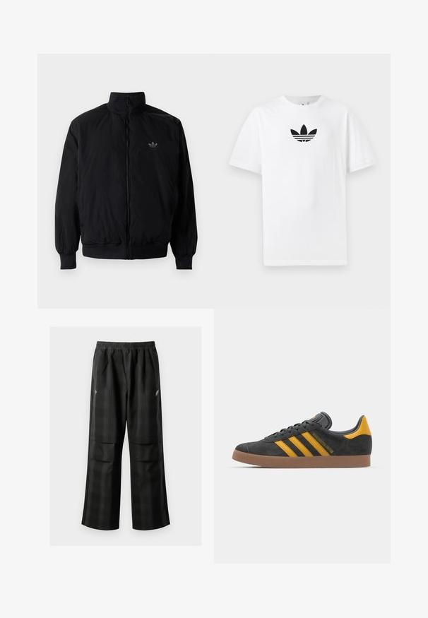 Černá zipová bunda s vysokým límcem, vyrobená z lehkého materiálu. Má elastické manžety a pas, s malým logem na horní levé straně.; Bílá bavlněná tričko s černým logem Adidas uprostřed. Krátký rukáv a design s kulatým výstřihem. Hladká textura.; Černé kostkované kalhoty s elastickým pasem, dvěma předními kapsami a volným střihem se rovnými nohavicemi. Vyrobeny z lehkého materiálu.; Černé semišové tenisky se žlutými akcenty, vybavené třemi pruhy a hnědou gumovou podrážkou. Obsahují polstrovaný jazyk pro pohodlí.