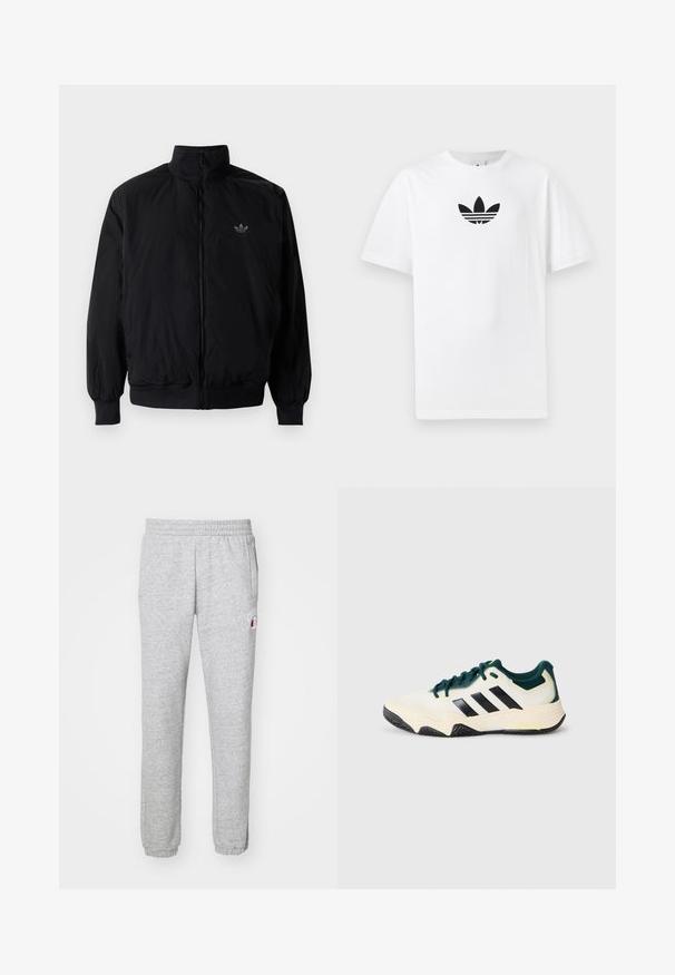 Crna jakna na zip s visokim ovratnikom, izrađena od laganog materijala. Ima elastične manžete i pojas, s malim logotipom na gornjem lijevom dijelu.; Bijela pamučna majica s crnim Adidas logom u centru. Kratki rukavi i dizajn s okruglim izrezom. Glatka tekstura.; Sive trenirke od mekanog materijala, s elastičnom trakom u struku, bočnim džepovima i malim logotipom na lijevom bedru.; Bijeli i tamnozeleni atletski tenisice s crnim trakama, teksturiranom potplatom i vezanjem sprijeda na jednostavnoj svijetlosivoj podlozi.