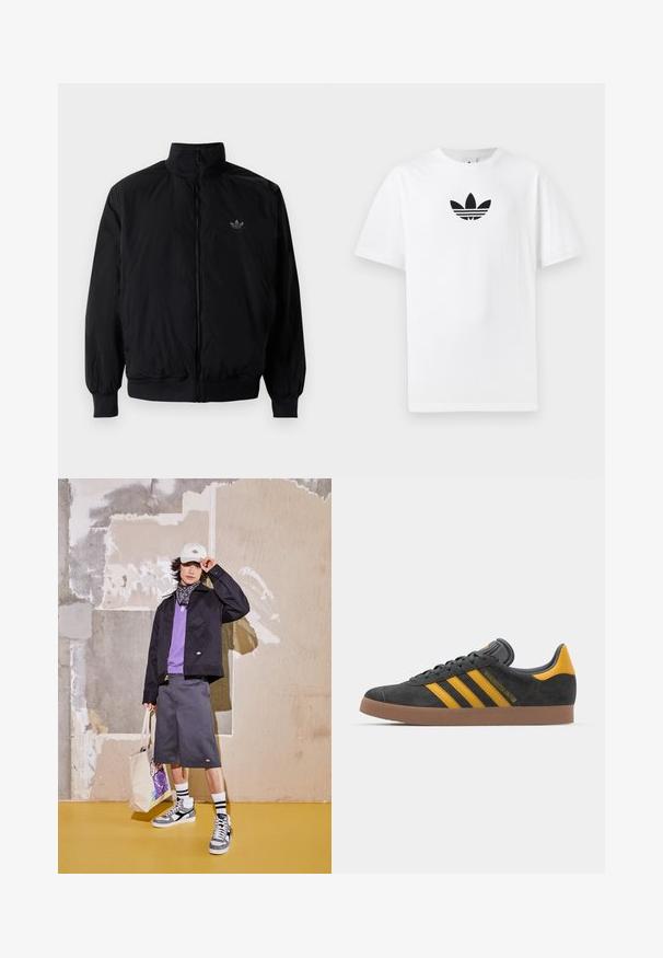 Black zipped jacket with high collar, made of lightweight material. Features elastic cuffs and waistband, with a small logo on the upper left.; White cotton T-shirt featuring a black Adidas logo at the center. Short sleeves and a crew neck design. Smooth texture.; Black jacket, purple shirt, gray shorts, and white sneakers with gray accents. Accessories include a white cap and a patterned tote bag.; Black suede sneaker with yellow accents, featuring three stripes and a brown rubber sole. Includes a padded tongue for comfort.