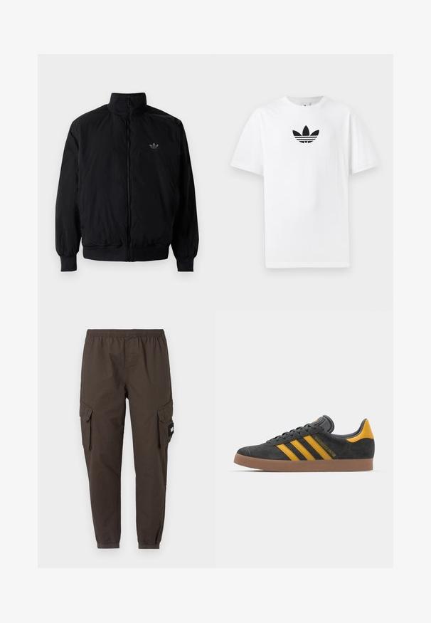 Black zipped jacket with high collar, made of lightweight material. Features elastic cuffs and waistband, with a small logo on the upper left.; White cotton T-shirt featuring a black Adidas logo at the center. Short sleeves and a crew neck design. Smooth texture.; Cargo pants in dark brown fabric, featuring an elastic waistband, tapered legs, and two side pockets with flaps.; Black suede sneaker with yellow accents, featuring three stripes and a brown rubber sole. Includes a padded tongue for comfort.