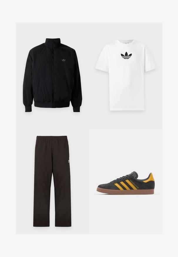 Black zipped jacket with high collar, made of lightweight material. Features elastic cuffs and waistband, with a small logo on the upper left.; White cotton T-shirt featuring a black Adidas logo at the center. Short sleeves and a crew neck design. Smooth texture.; Black sweatpants featuring an elastic waistband, straight leg design, and subtle logo accent on the side. Made of soft, smooth fabric.; Black suede sneaker with yellow accents, featuring three stripes and a brown rubber sole. Includes a padded tongue for comfort.