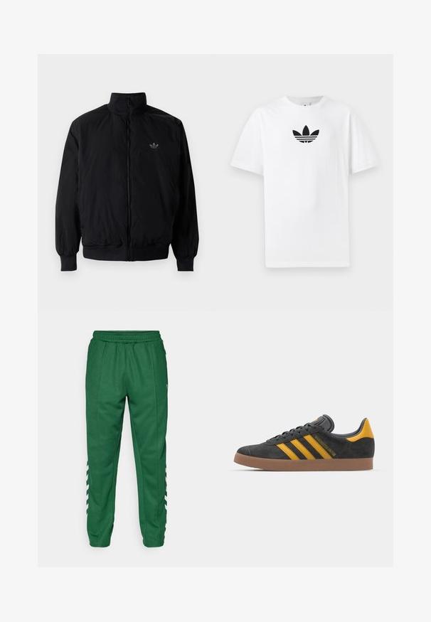 Crna jakna na zip s visokim ovratnikom, izrađena od laganog materijala. Ima elastične manžete i pojas, s malim logotipom na gornjem lijevom dijelu.; Bijela pamučna majica s crnim Adidas logom u centru. Kratki rukavi i dizajn s okruglim izrezom. Glatka tekstura.; Zelene sportske hlače s elastičnim pojasom, bočnim džepovima i bijelim dijagonalnim prugama na donjim stranama. Glatka tekstura tkanine.; Crne nubuk tenisice s žutim detaljima, sa tri pruge i smešnim gumenim potplatom. Imaju jastučić na jeziku za udobnost.