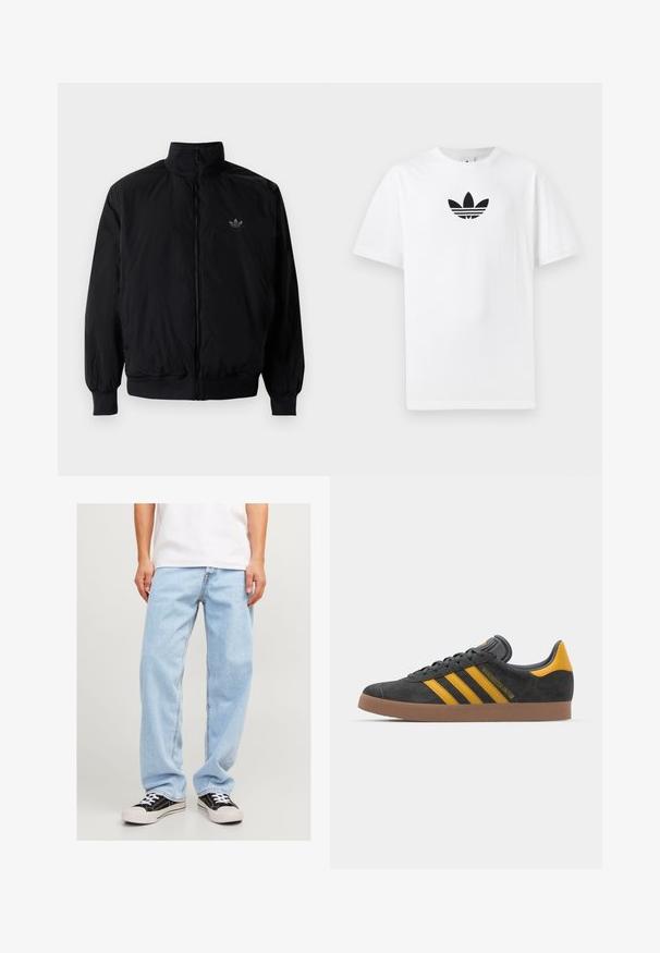 Veste noire à fermeture éclair avec col haut, fabriquée en matériau léger. Dotée de poignets et d'une taille élastiques, avec un petit logo en haut à gauche.; T-shirt en coton blanc présentant un logo noir d'Adidas au centre. Manches courtes et décolleté rond. Texture lisse.; Jean en denim bleu clair avec une coupe décontractée, affichant un design à jambe droite et des coutures standard, associé à des baskets noires.; Baskets en suede noir avec des accents jaunes, présentant trois rayures et une semelle en caoutchouc marron. Comprend une languette rembourrée pour le confort.