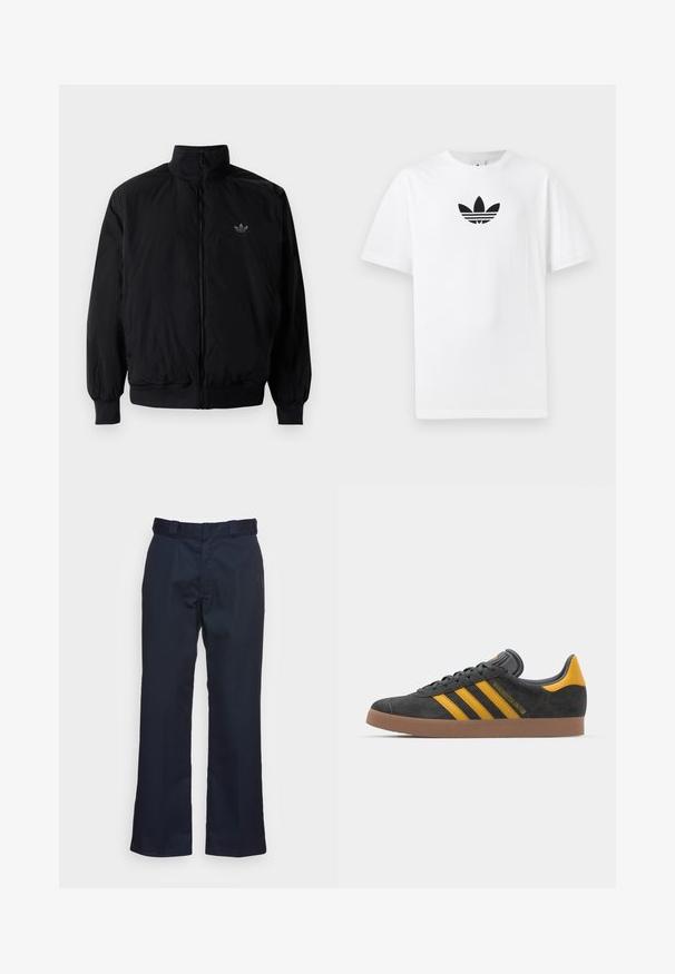 Black zipped jacket with high collar, made of lightweight material. Features elastic cuffs and waistband, with a small logo on the upper left.; White cotton T-shirt featuring a black Adidas logo at the center. Short sleeves and a crew neck design. Smooth texture.; Navy blue trousers with a straight leg design, made from a smooth fabric, featuring a standard waistband and no visible patterns or hardware.; Black suede sneaker with yellow accents, featuring three stripes and a brown rubber sole. Includes a padded tongue for comfort.