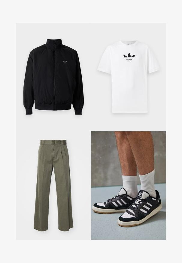 Crna jakna na zip s visokim ovratnikom, izrađena od laganog materijala. Ima elastične manžete i pojas, s malim logotipom na gornjem lijevom dijelu.; Bijela pamučna majica s crnim Adidas logom u centru. Kratki rukavi i dizajn s okruglim izrezom. Glatka tekstura.; Maslinasto zelene hlače sa širokim, ležernim krojem i prednjim nabranim detaljima. Izrađene od teksturiranog materijala s klasičnim pojasom i bez vidljivih metalnih dijelova.; Crne i bijele tenisice s gornjim dijelom od antilopa i kože, s tri bijele pruge, perforiranim prstom i gumiranim potplatom.