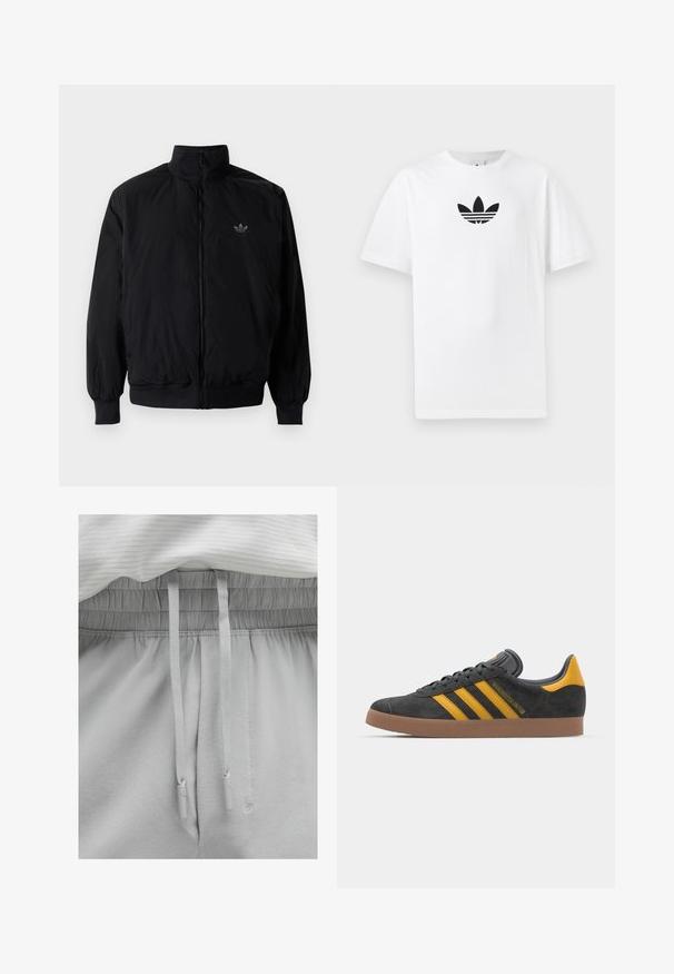 Crna jakna na zip s visokim ovratnikom, izrađena od laganog materijala. Ima elastične manžete i pojas, s malim logotipom na gornjem lijevom dijelu.; Bijela pamučna majica s crnim Adidas logom u centru. Kratki rukavi i dizajn s okruglim izrezom. Glatka tekstura.; Svjetlosive trenirke s elastičnim pojasom i vrpcom. Mekana tkanina s glatkom teksturom, koja se odlikuje opuštenim krojem i jednostavnim detaljima.; Crne nubuk tenisice s žutim detaljima, sa tri pruge i smešnim gumenim potplatom. Imaju jastučić na jeziku za udobnost.