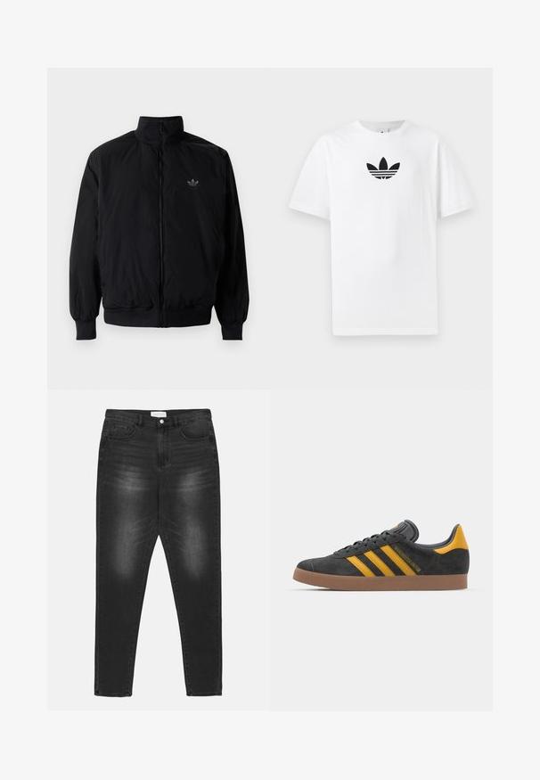 Black zipped jacket with high collar, made of lightweight material. Features elastic cuffs and waistband, with a small logo on the upper left.; White cotton T-shirt featuring a black Adidas logo at the center. Short sleeves and a crew neck design. Smooth texture.; Black denim jeans with a faded wash, high waist, five-pocket design, and silver hardware. Straight-leg cut with contrast stitching details.; Black suede sneaker with yellow accents, featuring three stripes and a brown rubber sole. Includes a padded tongue for comfort.