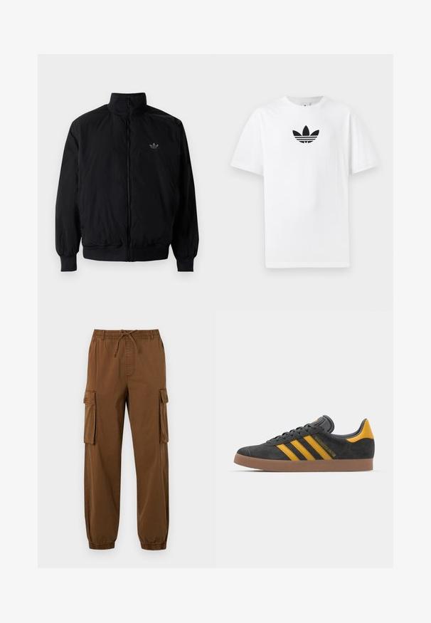 Black zipped jacket with high collar, made of lightweight material. Features elastic cuffs and waistband, with a small logo on the upper left.; White cotton T-shirt featuring a black Adidas logo at the center. Short sleeves and a crew neck design. Smooth texture.; Brown cargo pants made of lightweight fabric, featuring an elastic waistband with drawstring, side pockets, and tapered cuffs.; Black suede sneaker with yellow accents, featuring three stripes and a brown rubber sole. Includes a padded tongue for comfort.
