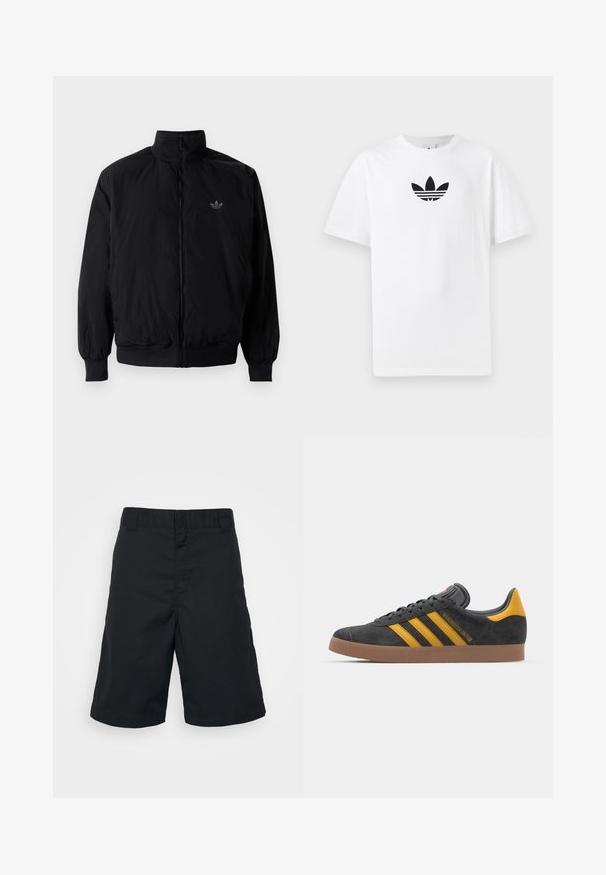 Zwarte geluiting jack met hoge kraag, gemaakt van lichtgewicht materiaal. Voorzien van elastische manchetten en tailleband, met een klein logo op de linkerbovenkant.; Witte katoenen T-shirt met een zwart Adidas-logo in het midden. Korte mouwen en een ronde hals. Gladde textuur.; Zwarte shorts van geweven stof, met een rechte snit, standaard tailleband en zonder patronen of zichtbare bevestigingsmaterialen.; Zwarte suède sneakers met gele accenten, voorzien van drie strepen en een bruine rubberen zool. Inclusief een gevoerde tong voor comfort.