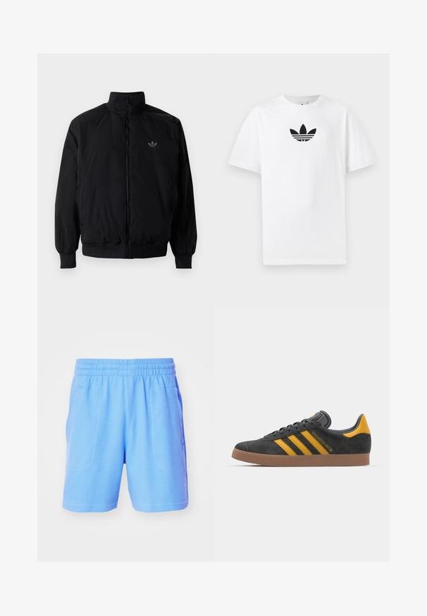 Black zipped jacket with high collar, made of lightweight material. Features elastic cuffs and waistband, with a small logo on the upper left.; White cotton T-shirt featuring a black Adidas logo at the center. Short sleeves and a crew neck design. Smooth texture.; adidas Originals Tracksuit bottoms - light blue; Black suede sneaker with yellow accents, featuring three stripes and a brown rubber sole. Includes a padded tongue for comfort.