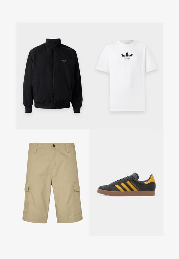 Black zipped jacket with high collar, made of lightweight material. Features elastic cuffs and waistband, with a small logo on the upper left.; White cotton T-shirt featuring a black Adidas logo at the center. Short sleeves and a crew neck design. Smooth texture.; Beige cargo shorts made of lightweight fabric, featuring a flat front, side pockets, and textured pattern, designed for casual wear.; Black suede sneaker with yellow accents, featuring three stripes and a brown rubber sole. Includes a padded tongue for comfort.