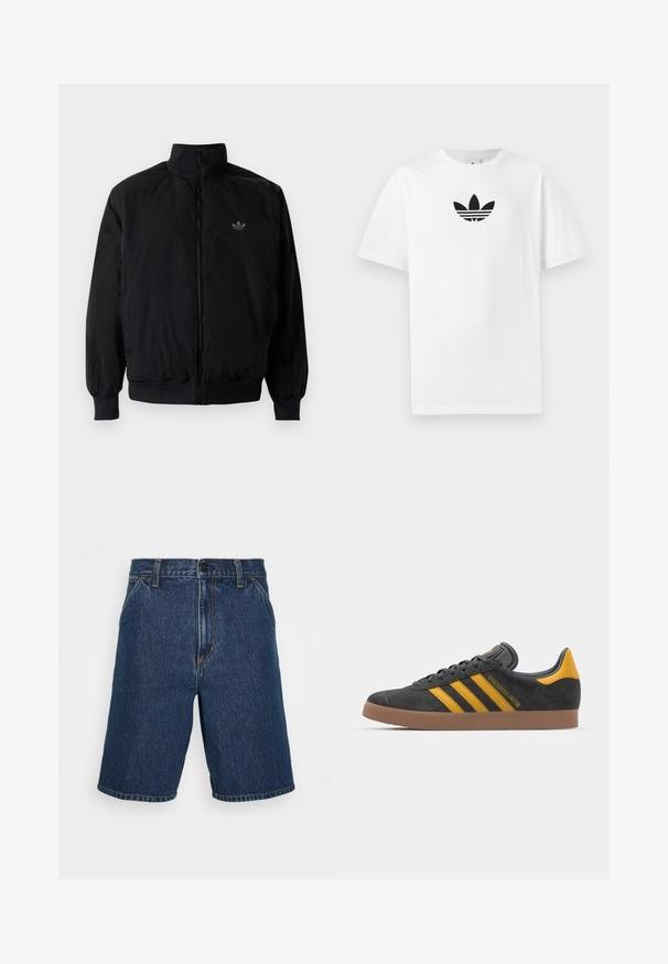 Zwarte geluiting jack met hoge kraag, gemaakt van lichtgewicht materiaal. Voorzien van elastische manchetten en tailleband, met een klein logo op de linkerbovenkant.; Witte katoenen T-shirt met een zwart Adidas-logo in het midden. Korte mouwen en een ronde hals. Gladde textuur.; Donkerblauwe denim shorts met een rechte snit. Voorzien van gele stiksels en een klassieke vijf-pocketontwerp. Normale tailleband en afgewerkte randen.; Zwarte suède sneakers met gele accenten, voorzien van drie strepen en een bruine rubberen zool. Inclusief een gevoerde tong voor comfort.