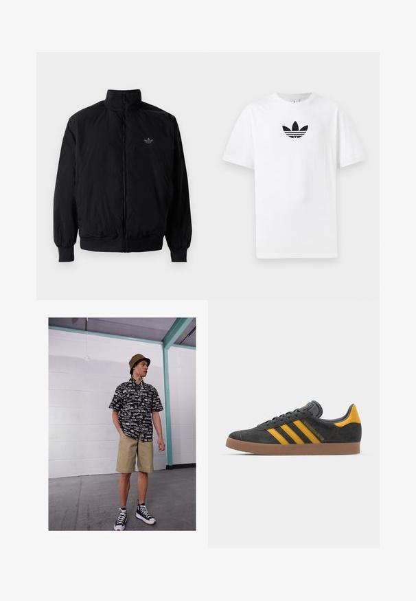 Chaqueta negra con cremallera y cuello alto, hecha de material ligero. Cuenta con puños y cinturilla elásticos, y un pequeño logo en la parte superior izquierda.; Camiseta de algodón blanca con un logo negro de Adidas en el centro. Diseño de manga corta y cuello redondo. Textura suave.; Camisa de manga corta en blanco y negro con patrón de logotipos, pantalones cortos caqui y zapatillas altas negras. Gorra tipo bucket beige y cuerdas visibles.; Zapatillas de ante negro con acentos amarillos, que presentan tres franjas y una suela de goma marrón. Incluyen una lengüeta acolchada para mayor comodidad.