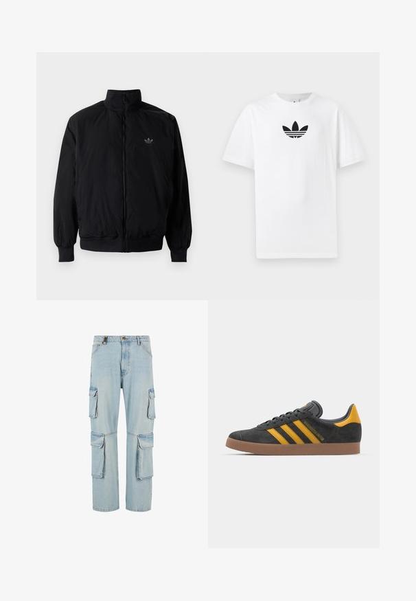 Crna jakna na zip s visokim ovratnikom, izrađena od laganog materijala. Ima elastične manžete i pojas, s malim logotipom na gornjem lijevom dijelu.; Bijela pamučna majica s crnim Adidas logom u centru. Kratki rukavi i dizajn s okruglim izrezom. Glatka tekstura.; Svijetloplave traper cargo hlače s više bočnih džepova, ravnog kroja i izblijedjelim završetkom. Sadrže zatvaranje s prednjim gumbom i patentnim zatvaračem.; Crne nubuk tenisice s žutim detaljima, sa tri pruge i smešnim gumenim potplatom. Imaju jastučić na jeziku za udobnost.