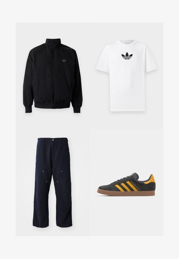 Čierna zips kombinéza s vysokým golierom, vyrobená z ľahkého materiálu. Obsahuje elastické manžety a pás, s malým logom na hornej ľavej strane.; Biely bavlnený tričko s čiernym logom Adidas v strede. Krátke rukávy a okrúhly výstrih. Hladká textúra.; Námornícky modré široké nohavice z bavlny s textúrovaným povrchom. Obsahujú dve predné vrecká s gombíkovými detailmi a predné gombíkové zapínanie.; Čierne semišové tenisky so žltými akcentmi, ktoré majú tri pruhy a hnedú gumovú podrážku. Obsahujú vypolstrovaný jazyk pre pohodlie.
