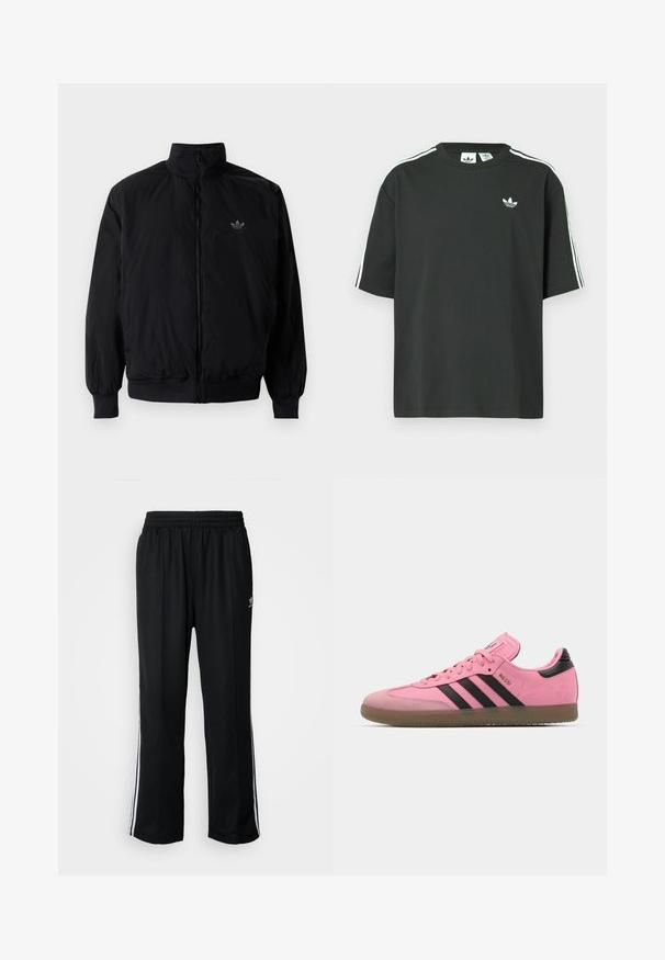 Black zipped jacket with high collar, made of lightweight material. Features elastic cuffs and waistband, with a small logo on the upper left.; Black cotton t-shirt with short sleeves, crew neckline, and white three-stripe detailing on shoulders. Features a small white logo on chest.; Black athletic pants with an elastic waistband, featuring white side stripes and a small logo. Material appears soft and lightweight.; Pink athletic shoes with black stripes and accents. Features a textured upper, round toe, and a gum sole. Lacing system with padded tongue.