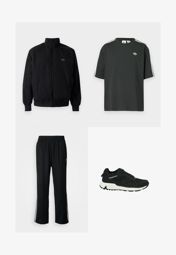 Musta vetoketjullinen takki, jossa on korkea kaulus, valmistettu kevyestä materiaalista. Varustettu joustavilla hihoilla ja vyötäröllä, ja ylävasemmalla on pieni logo.; Musta puuvillainen t-paita, jossa on lyhyet hihat, pyöreä pääntie ja valkoiset kolmen raidan yksityiskohdat olkapäillä. Rinnan kohdalla on pieni valkoinen logo.; Mustat urheiluhousut, joissa on joustava vyötärö, valkoiset sivuraidat ja pieni logo. Materiaali näyttää pehmeältä ja kevyeltä.; Mustat urheilukengät, joissa on tekstuuroitu kangaspinta ja valkoinen pohja. Varustettu pyöristetyllä varpaalla, nauhoitusjärjestelmällä ja sivuilla brändillä "SWEDEMOUNT".