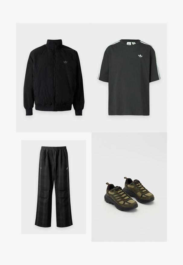 Black zipped jacket with high collar, made of lightweight material. Features elastic cuffs and waistband, with a small logo on the upper left.; Black cotton t-shirt with short sleeves, crew neckline, and white three-stripe detailing on shoulders. Features a small white logo on chest.; Black plaid pants featuring an elastic waistband, two front pockets, and a loose fit with a straight leg design. Made from lightweight material.; Green and black athletic shoes with a textured upper, mesh panels, sturdy sole, and lace-up design featuring reinforced toe and heel.