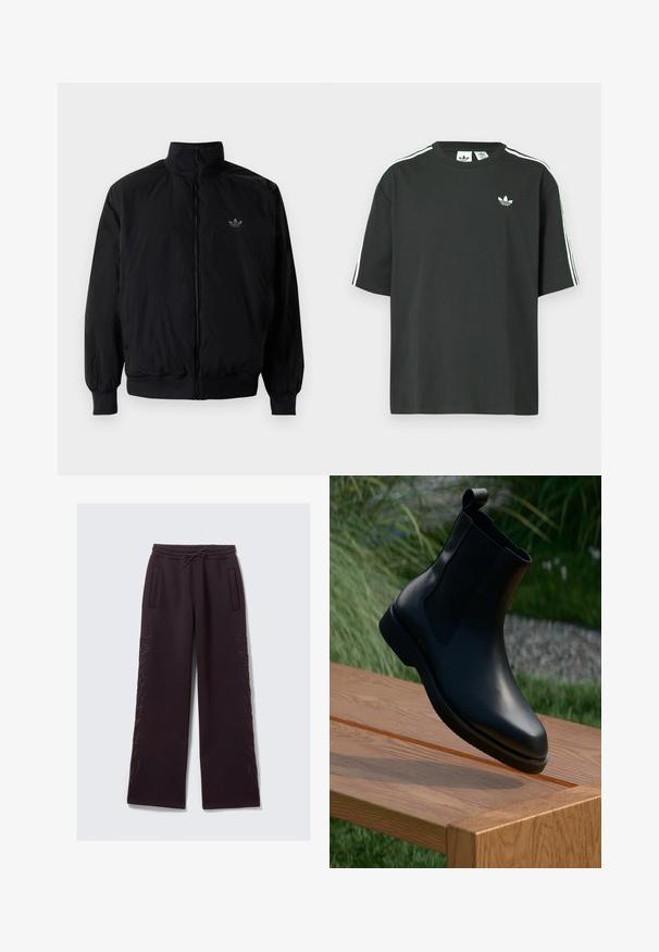 Giacca nera con zip e colletto alto, realizzata in materiale leggero. Presenta polsini e vita elastici, con un piccolo logo in alto a sinistra.; Maglietta nera in cotone con maniche corte, scollo rotondo e dettagli bianchi a tre strisce sulle spalle. Presenta un piccolo logo bianco sul petto.; Pantaloni della tuta viola scuro con vita elastica, cordoncino, tasche laterali e un delicato ricamo lungo le gambe esterne.; Stivali ankle in pelle nera con finitura liscia, pannelli laterali elasticizzati e un linguetta sul gambale, posati su una superficie di legno.