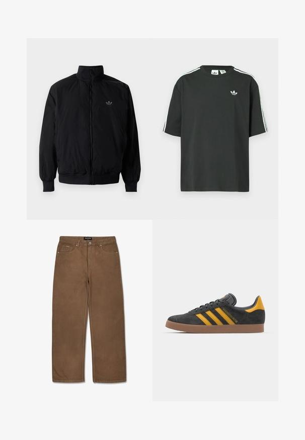 Crna jakna na zip s visokim ovratnikom, izrađena od laganog materijala. Ima elastične manžete i pojas, s malim logotipom na gornjem lijevom dijelu.; Crna pamučna majica kratkih rukava, s okruglim izrezom i bijelim detaljima u obliku triju pruga na ramenima. Na prsima se nalazi mali bijeli logotip.; Smeđe traperice ravnog kroja, s pet džepova, kopčanjem na gumb i suptilnim detaljima šivanja duž šavova.; Crne nubuk tenisice s žutim detaljima, sa tri pruge i smešnim gumenim potplatom. Imaju jastučić na jeziku za udobnost.