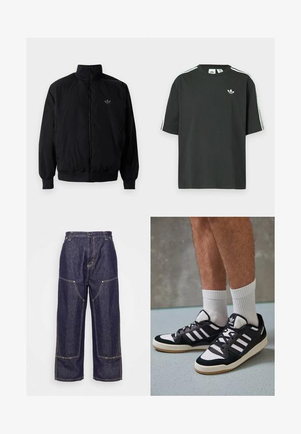 Black zipped jacket with high collar, made of lightweight material. Features elastic cuffs and waistband, with a small logo on the upper left.; Black cotton t-shirt with short sleeves, crew neckline, and white three-stripe detailing on shoulders. Features a small white logo on chest.; Carhartt WIP NASH PANT SMITH - Relaxed fit jeans - blue rinsed; Black and white sneakers with a suede and leather upper, featuring three white stripes, a perforated toe, and a gum rubber sole.