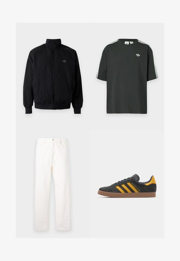 Zwarte geluiting jack met hoge kraag, gemaakt van lichtgewicht materiaal. Voorzien van elastische manchetten en tailleband, met een klein logo op de linkerbovenkant.; Zwart katoenen T-shirt met korte mouwen, ronde hals en witte drie-strepen details op de schouders. Heeft een klein wit logo op de borst.; Witte denim jeans met een rechte broekspijp, voorzien van voorzakken, metalen knoopsluiting en klassieke stikdetails.; Zwarte suède sneakers met gele accenten, voorzien van drie strepen en een bruine rubberen zool. Inclusief een gevoerde tong voor comfort.