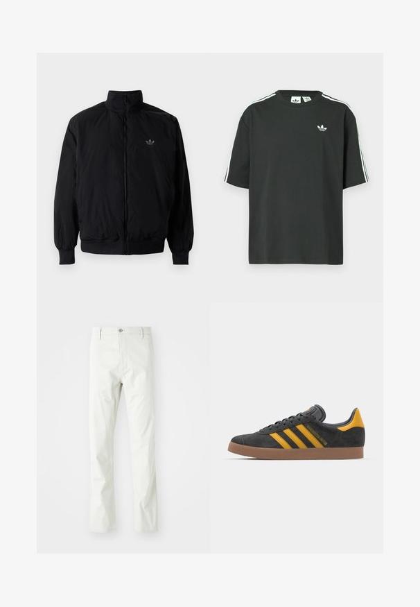 Black zipped jacket with high collar, made of lightweight material. Features elastic cuffs and waistband, with a small logo on the upper left.; Black cotton t-shirt with short sleeves, crew neckline, and white three-stripe detailing on shoulders. Features a small white logo on chest.; Light gray cotton trousers with a straight leg design, featuring a button closure, front pockets, and subtle texture.; Black suede sneaker with yellow accents, featuring three stripes and a brown rubber sole. Includes a padded tongue for comfort.