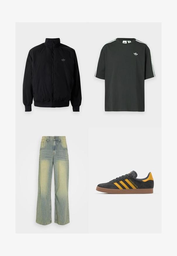 Crna jakna na zip s visokim ovratnikom, izrađena od laganog materijala. Ima elastične manžete i pojas, s malim logotipom na gornjem lijevom dijelu.; Crna pamučna majica kratkih rukava, s okruglim izrezom i bijelim detaljima u obliku triju pruga na ramenima. Na prsima se nalazi mali bijeli logotip.; Jaded London COLOSSUS BAGGY - Vrećaste traperice - light blue denim; Crne nubuk tenisice s žutim detaljima, sa tri pruge i smešnim gumenim potplatom. Imaju jastučić na jeziku za udobnost.