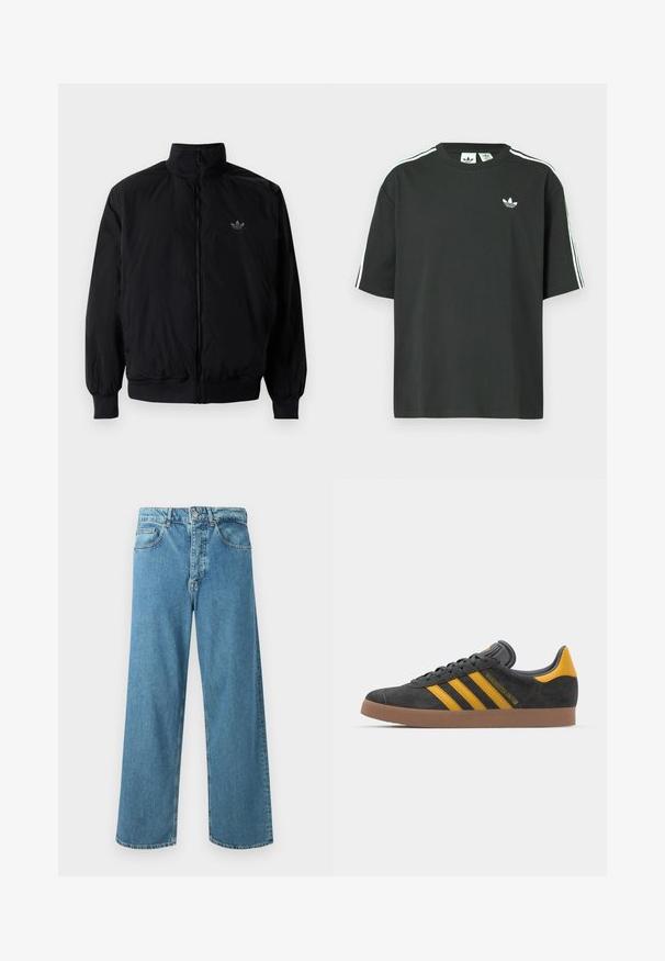 Chaqueta negra con cremallera y cuello alto, hecha de material ligero. Cuenta con puños y cinturilla elásticos, y un pequeño logo en la parte superior izquierda.; Camiseta de algodón negra con mangas cortas, cuello redondo y detalle de tres rayas blancas en los hombros. Presenta un pequeño logo blanco en el pecho.; Vaqueros de pierna ancha de color azul claro, hechos de mezclilla, con cintura alta, bolsillos delanteros y cierre clásico de botón y cremallera.; Zapatillas de ante negro con acentos amarillos, que presentan tres franjas y una suela de goma marrón. Incluyen una lengüeta acolchada para mayor comodidad.