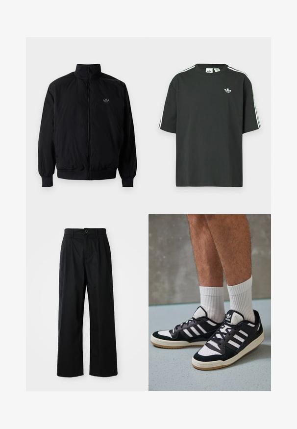 Veste noire à fermeture éclair avec col haut, fabriquée en matériau léger. Dotée de poignets et d'une taille élastiques, avec un petit logo en haut à gauche.; T-shirt en coton noir à manches courtes, col rond, avec un détail blanc à trois bandes sur les épaules. Présente un petit logo blanc sur la poitrine.; Pantalons noirs à jambes larges en coton avec une texture lisse, dotés d'une fermeture à bouton à l'avant et de deux poches latérales.; Baskets noir et blanc avec une tige en suède et cuir, comportant trois rayures blanches, un bout perforé et une semelle en caoutchouc gum.