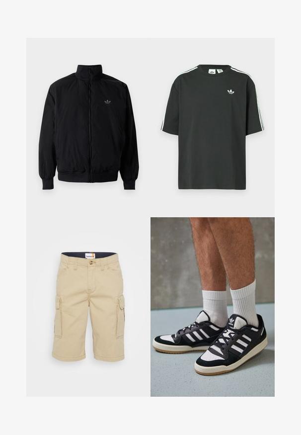 Chaqueta negra con cremallera y cuello alto, hecha de material ligero. Cuenta con puños y cinturilla elásticos, y un pequeño logo en la parte superior izquierda.; Camiseta de algodón negra con mangas cortas, cuello redondo y detalle de tres rayas blancas en los hombros. Presenta un pequeño logo blanco en el pecho.; Pantalones cortos cargo beige con corte recto, que cuentan con bolsillos laterales, cierre de botón y una textura de tela resistente. Etiqueta visible en la cintura.; Zapatillas en blanco y negro con parte superior de ante y cuero, que presentan tres franjas blancas, una puntera perforada y una suela de goma.