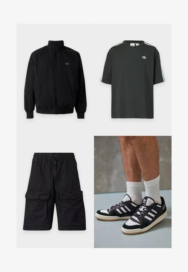 Black zipped jacket with high collar, made of lightweight material. Features elastic cuffs and waistband, with a small logo on the upper left.; Black cotton t-shirt with short sleeves, crew neckline, and white three-stripe detailing on shoulders. Features a small white logo on chest.; Black shorts made of durable fabric with an elastic waistband, two large cargo pockets on each side, and stitched detailing.; Black and white sneakers with a suede and leather upper, featuring three white stripes, a perforated toe, and a gum rubber sole.