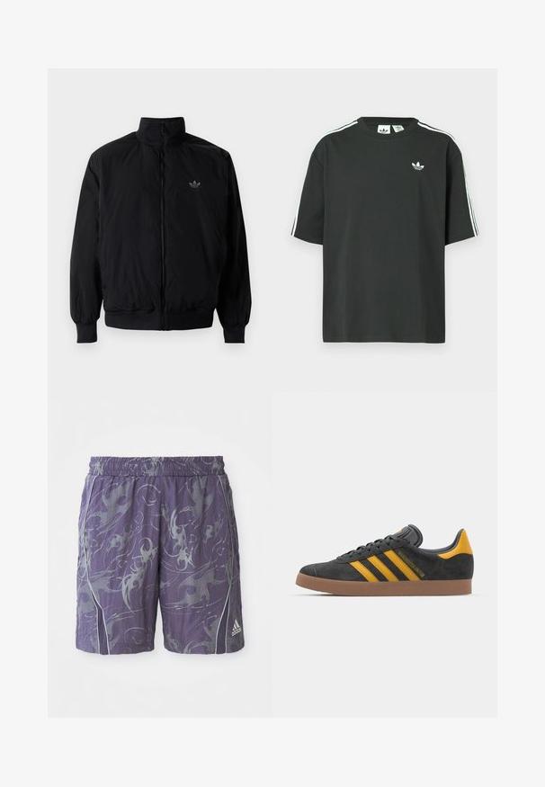 Musta vetoketjullinen takki, jossa on korkea kaulus, valmistettu kevyestä materiaalista. Varustettu joustavilla hihoilla ja vyötäröllä, ja ylävasemmalla on pieni logo.; Musta puuvillainen t-paita, jossa on lyhyet hihat, pyöreä pääntie ja valkoiset kolmen raidan yksityiskohdat olkapäillä. Rinnan kohdalla on pieni valkoinen logo.; Violet urheilushortsit, joissa on abstrakteja hopeisia kuvioita, joustava vyötärönauha, sivuputket ja Adidas-logo oikeassa alalaidassa.; Mustat samettiset tennarit, joissa on keltaisia yksityiskohtia, kolmonen raita ja ruskea kumipohja. Sisältää pehmustetun kielisen mukavuutta varten.