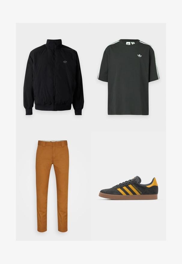 Sort lynlåsjakke med høj krave, fremstillet af letvægtsmateriale. Har elastiske manchetter og talje, med et lille logo på øverste venstre side.; Sort bomulds-T-shirt med korte ærmer, rund hals og hvide tre-stribede detaljer på skuldrene. Har et lille hvidt logo på brystet.; Brune bomuldsbukser med lige snit, frontlommer og en ren, glat tekstur. Har bæltesløjfer og diskrete syninger.; Sort suedet sneaker med gule accenter, der har tre striber og en brun gummisål. Inkluderer en polstret tunge for komfort.