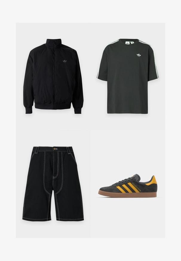 Černá zipová bunda s vysokým límcem, vyrobená z lehkého materiálu. Má elastické manžety a pas, s malým logem na horní levé straně.; Černé bavlněné tričko s krátkými rukávy, kulatým výstřihem a bílými třemi pruhy na ramenou. Na hrudi je malá bílá logo.; Černé šortky se rovný střih, vyrobené z odolné tkaniny. Přední švy jsou bílé a zdobí je zlatý knoflík. Obsahují přední kapsy.; Černé semišové tenisky se žlutými akcenty, vybavené třemi pruhy a hnědou gumovou podrážkou. Obsahují polstrovaný jazyk pro pohodlí.